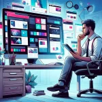Web designer researching popular WordPress themes on a screen to enhance website aesthetics and functionality.