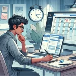 Content manager planning a WordPress blogging schedule on a computer with a calendar and task list.