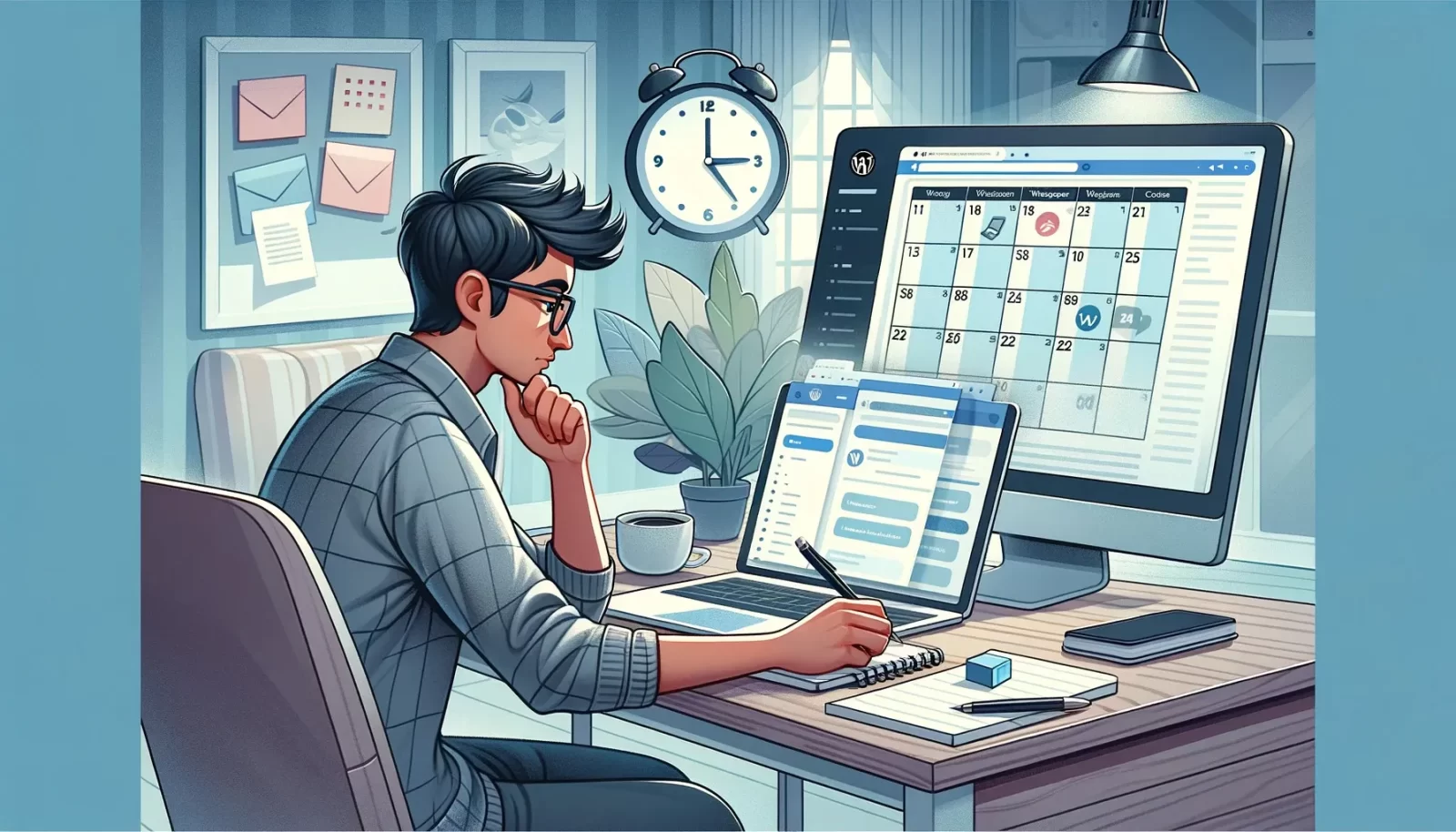 Content manager planning a WordPress blogging schedule on a computer with a calendar and task list.