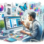 Creative professional engaging in WordPress custom designing with a vivid display of graphic elements.