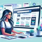 Entrepreneur finalizing a WordPress eCommerce setup on a desktop with a vibrant dashboard in the background.