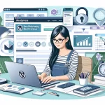 Digital marketer strategizing WordPress email marketing campaigns at her desk with analytical tools on display.