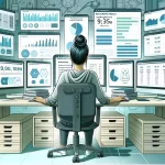 Web administrator monitoring WordPress hosting performance on multiple screens in a high-tech control room.