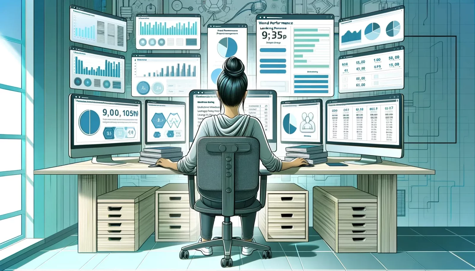 Web administrator monitoring WordPress hosting performance on multiple screens in a high-tech control room.