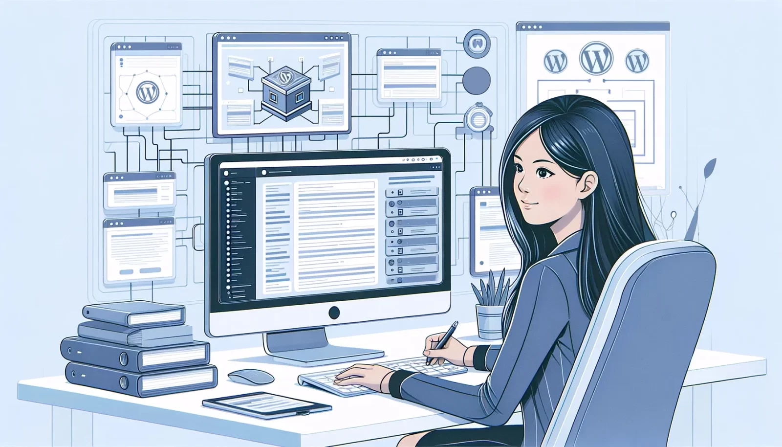 Developer configuring a WordPress multisite setup on her computer in a modern tech workspace.