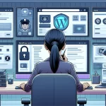Cybersecurity expert reviewing WordPress security best practices technical guidelines on multiple computer screens.