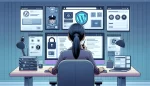 Cybersecurity expert reviewing WordPress security best practices technical guidelines on multiple computer screens.