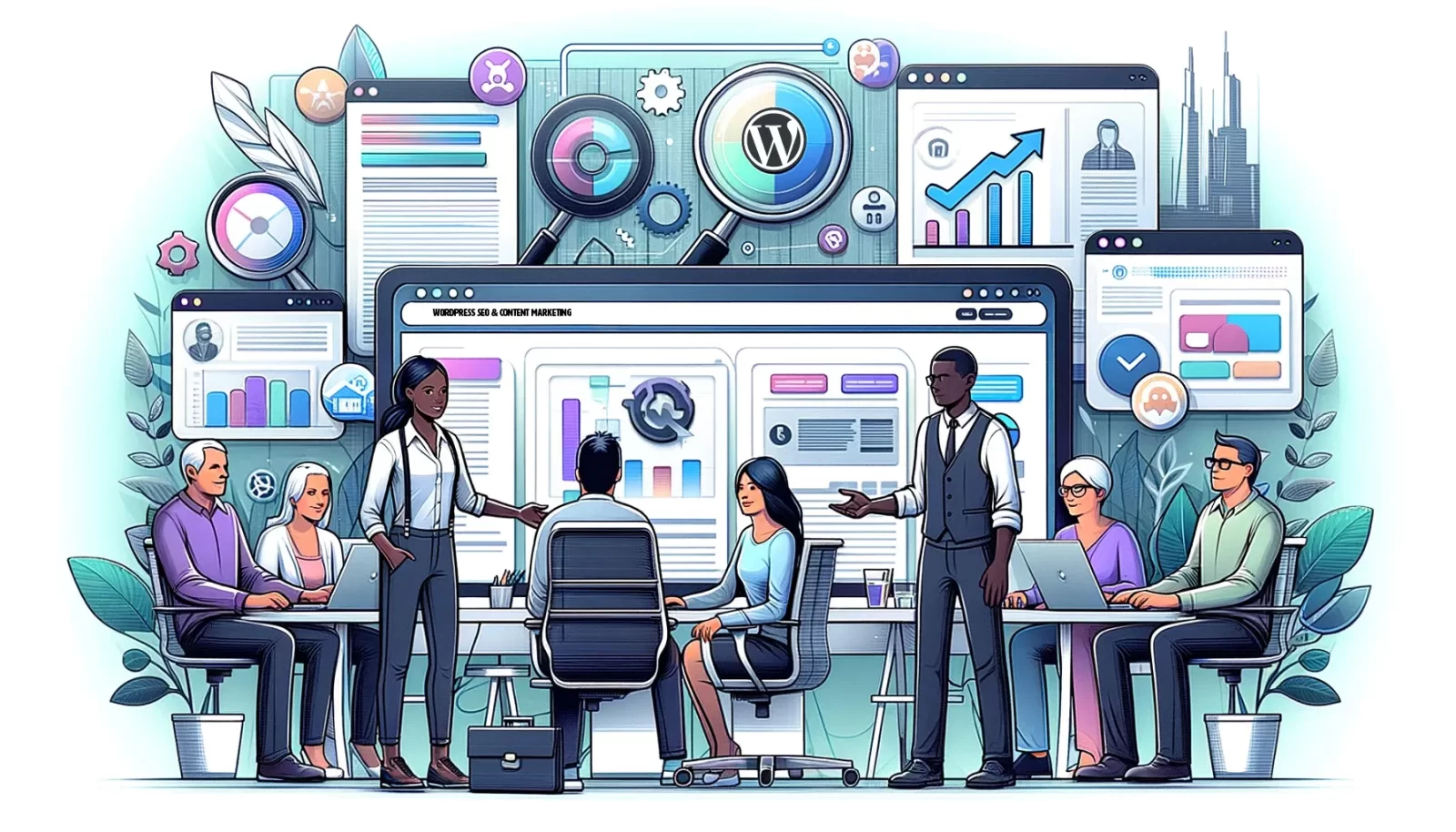 Marketing team discussing WordPress SEO and content marketing strategies around a digital analytics display.