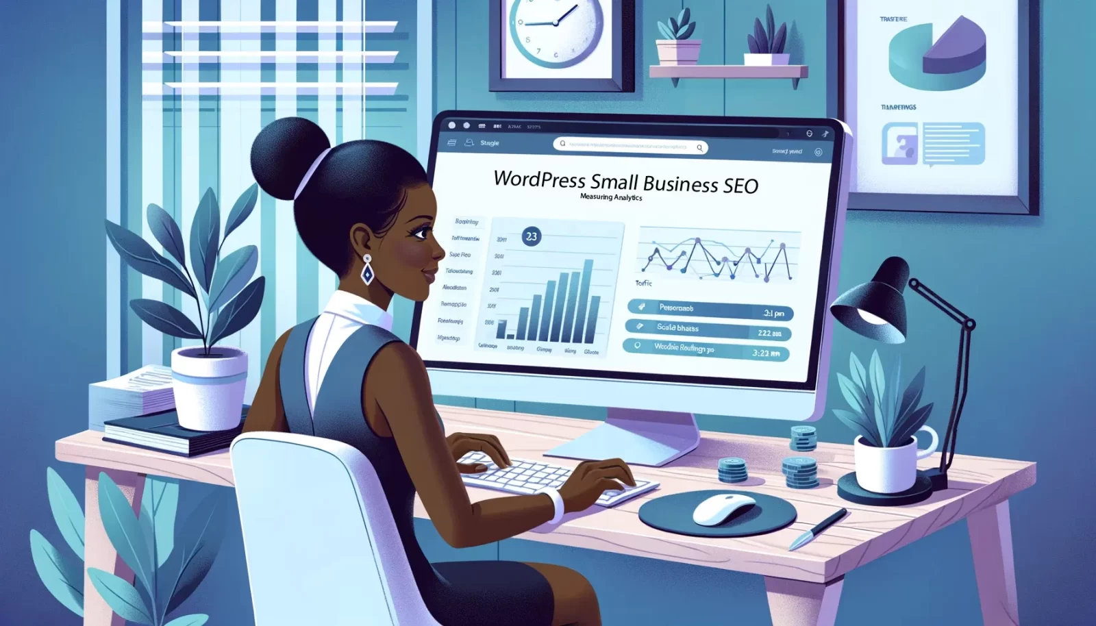 Entrepreneur optimizing WordPress Small Business SEO on her desktop in a modern office setup.