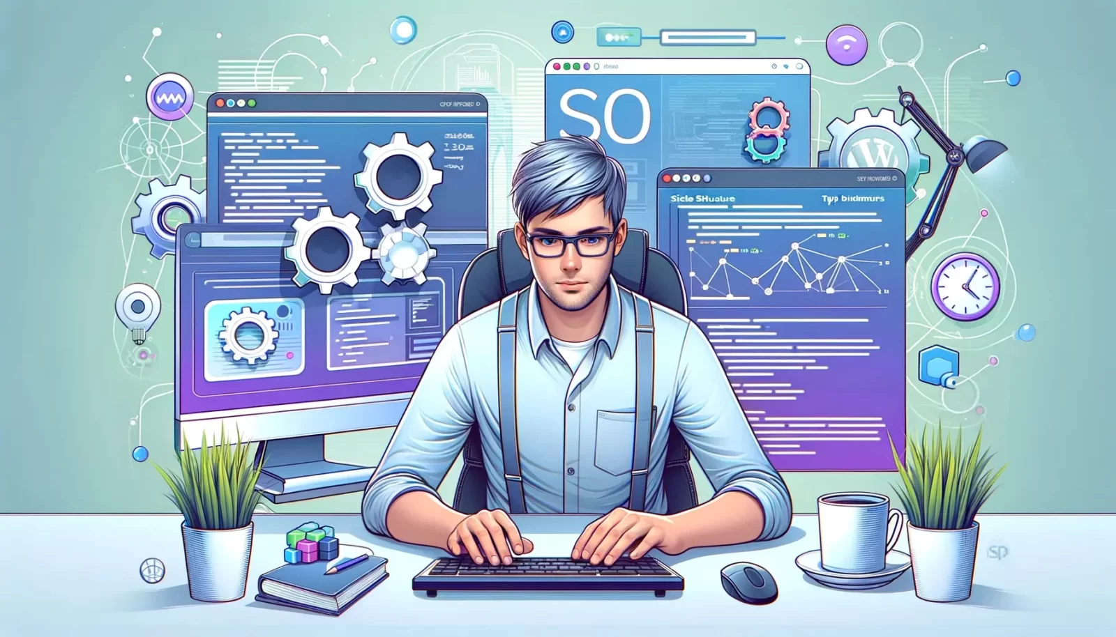 WordPress Technical SEO expert analyzing optimization strategies on a computer with detailed infographics in the background.