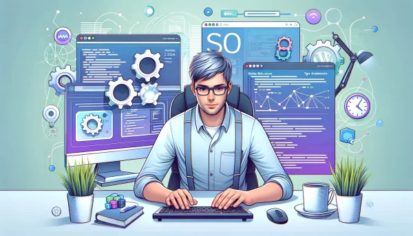 WordPress Technical SEO expert analyzing optimization strategies on a computer with detailed infographics in the background.