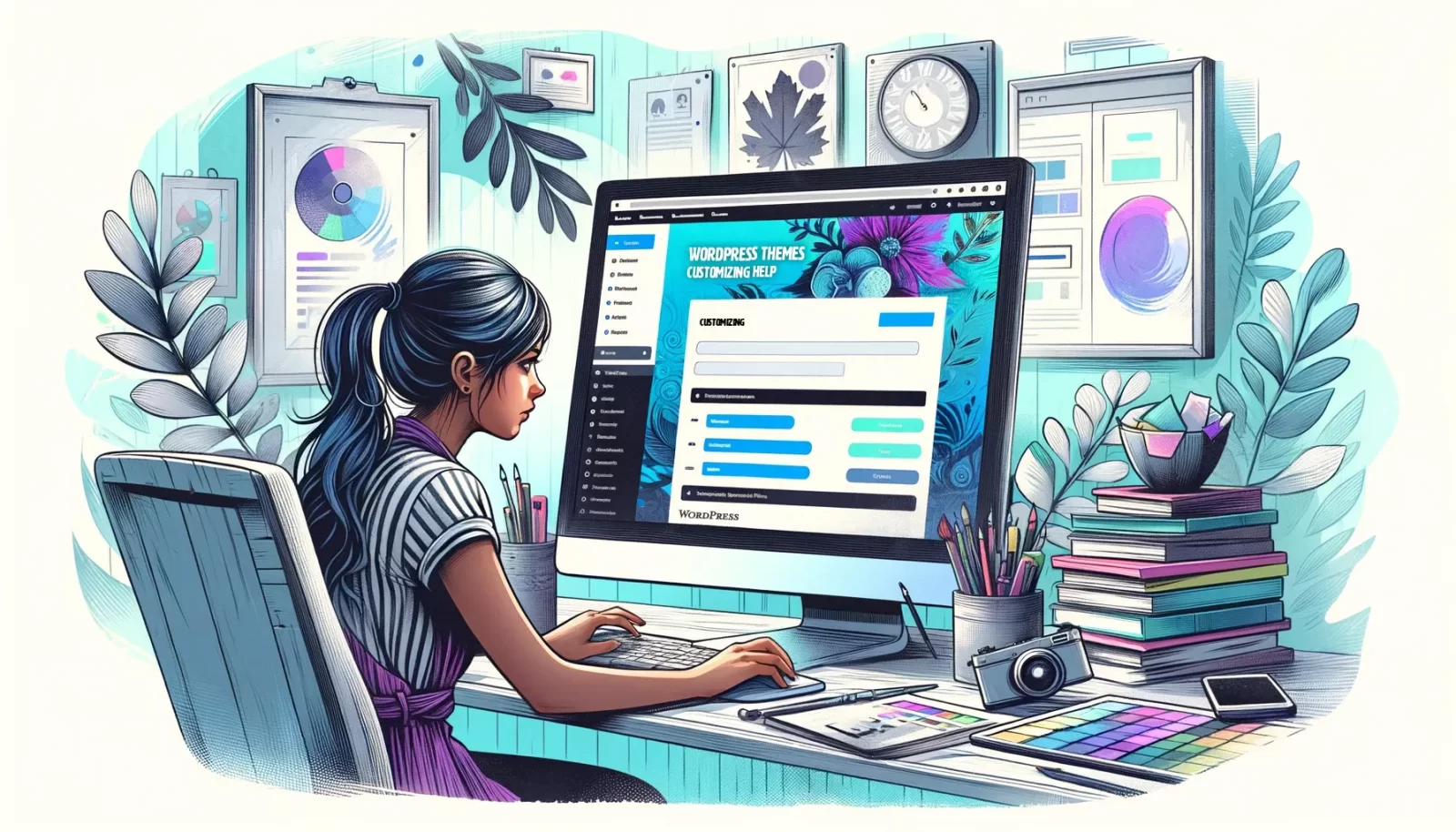 Web designer customizing WordPress themes and child themes on her computer in a creative workspace.