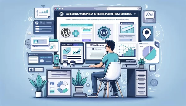 Online marketer analyzing WordPress affiliate marketing strategies on a computer with interactive dashboards.