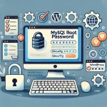 Illustration of resolving MySQL root password issues on Windows, featuring a Windows desktop computer with MySQL setup interface, icons for troubleshooting and security, and background elements like gears and checkmarks to signify technical processes and successful resolution.